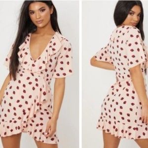 NUDE STRAWBERRY PRINT FRILL WRAP OVER TEA DRESS